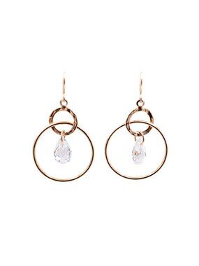 14K Yellow Gold CZ Circle 1 1/4 Inch Dangle Earrings Modern Minimalist